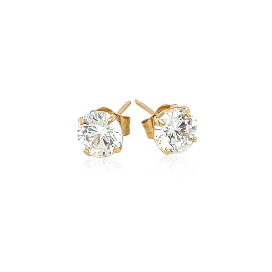 14k Yellow Gold Stud Earrings with White Hue Faceted Cubic Zirconia(5mm)