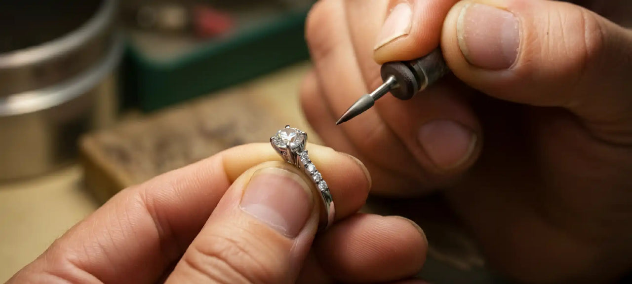  Close-up of a jeweler repairing a diamond ring with a precision tool.