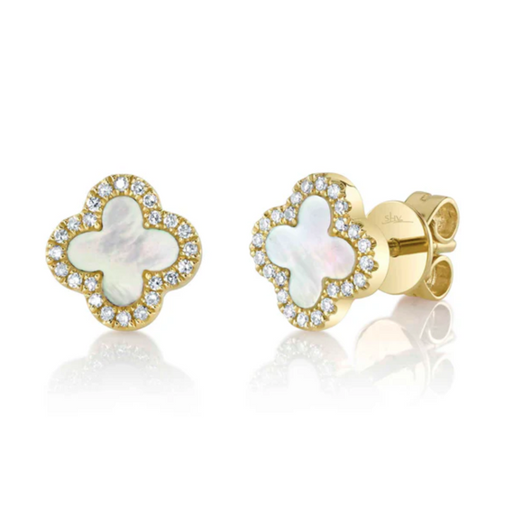 Shy Creation Yellow 14 Karat Gold Diamond and Mother of Pearl Clover Earrings *