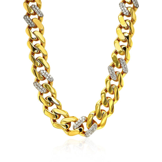 14k Yellow Gold 18 inch Polished Curb Chain Necklace with Diamonds - Diamond Designs