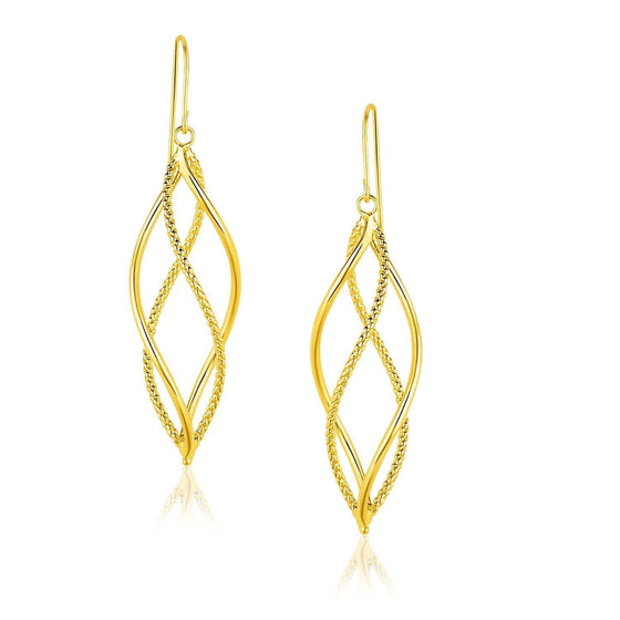 Yellow Gold Spiral Style Double Row Dangling Earrings