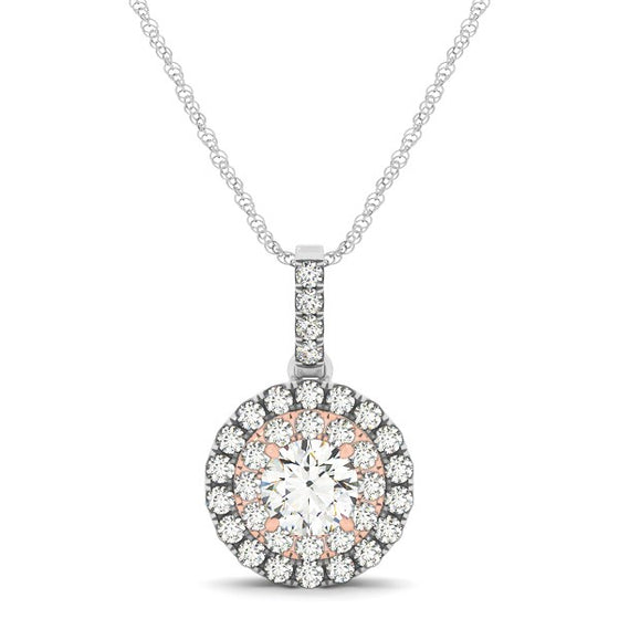 Round Shape Halo Diamond Pendant in 14k White and Rose Gold (1/2 cttw)