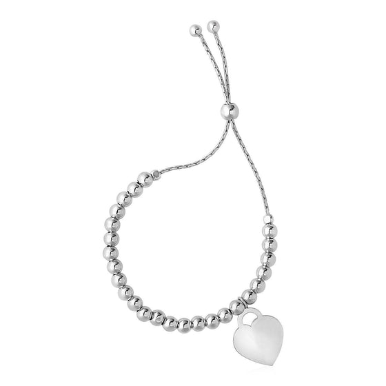 Adjustable Shiny Bead Bracelet with Heart Charm in Sterling Silver - Diamond Designs