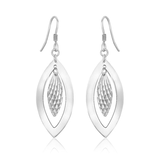 Sterling Silver Dangling Earrings with Dual Open and Textured Marquis Shapes - Diamond Designs