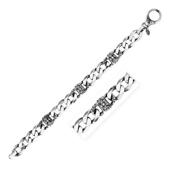 Sterling Silver Gunmetal Finish Cuban Link Bracelet with Floral Design - Diamond Designs