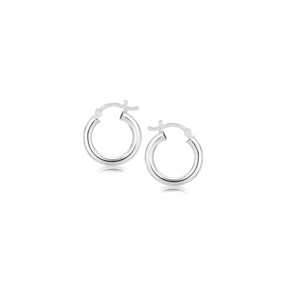 Sterling Silver Polished Hoop Style Earrings with Rhodium Plating (15mm) - Diamond Designs