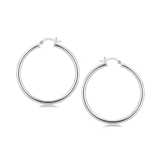 Sterling Silver Rhodium Plated Large Polished Classic Hoop Earrings (40mm) - Diamond Designs
