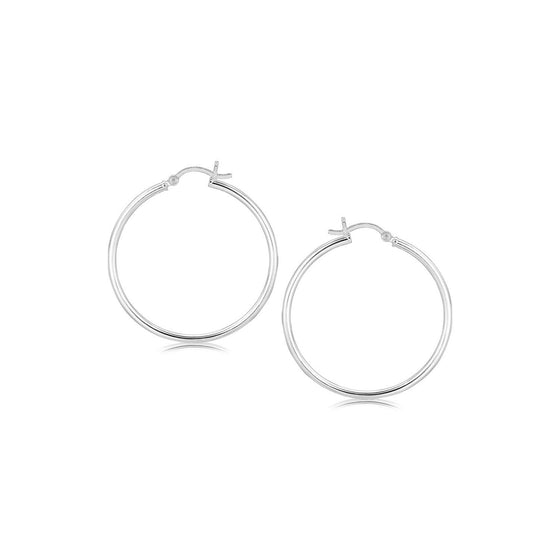 Sterling Silver Rhodium Plated Thin and Polished Hoop Style Earrings (35mm) - Diamond Designs